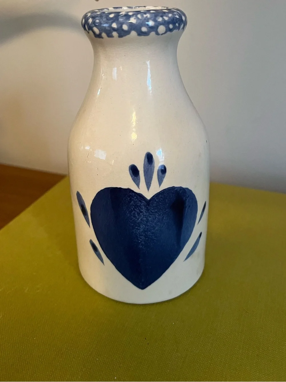 Vintage Ceramic Milk Jug Vase with Blue Heart and Spongeware Rim